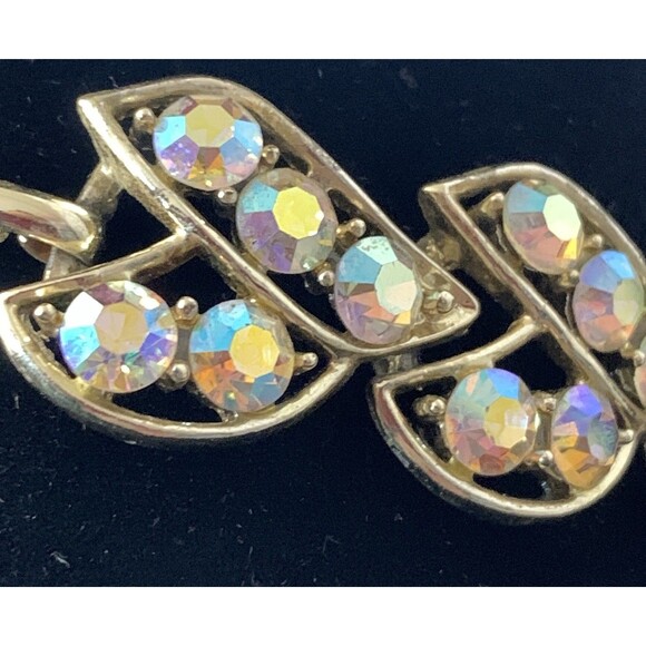 Vintage 50s Gold Tone Aurora Borealis Rhinestone Choker Necklace Leaf Design - Picture 4 of 7